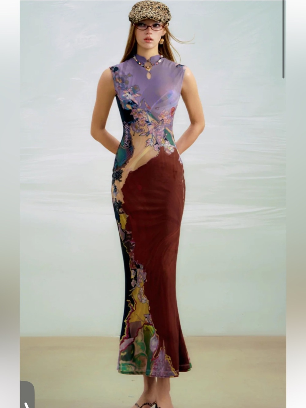 Commense Elegant Floral-Print Sleeveless Maxi Dress in Purple and Brown - Picture 3 of 5